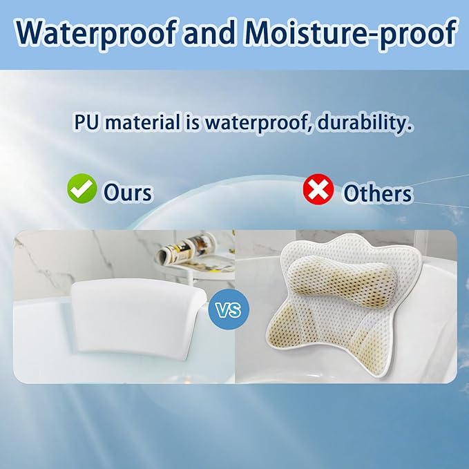 Bath Pillow, Bath Pillows for Tub with Head, Neck and Shoulder Support, Ergonomic Waterproof Bathtub Pillow with Strong Non-Slip Suction Cups, Relaxing Spa, Hot Tubs, Bathroom Essentials White
