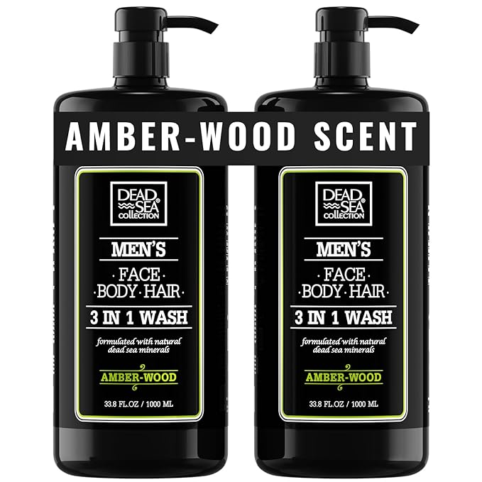 Dead Sea Collection Amber Wood Men’s Body Wash – 3 in 1 Body Wash for Men for Hair, Face & Body – Moisturizing Shower Gel with Dead Sea Minerals – Pack of 2 (33.8 fl oz each)
