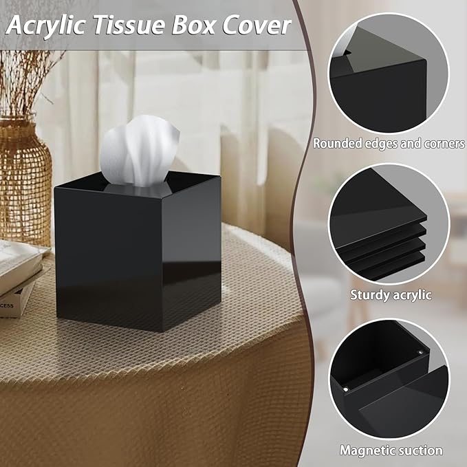 SILUT Tissue Box Cover Square, Shiny Acrylic Tissues Holder, Facial Tissue Holder, Modern Tissue Dispenser for Bathroom Bedroom Office, Shiny Black