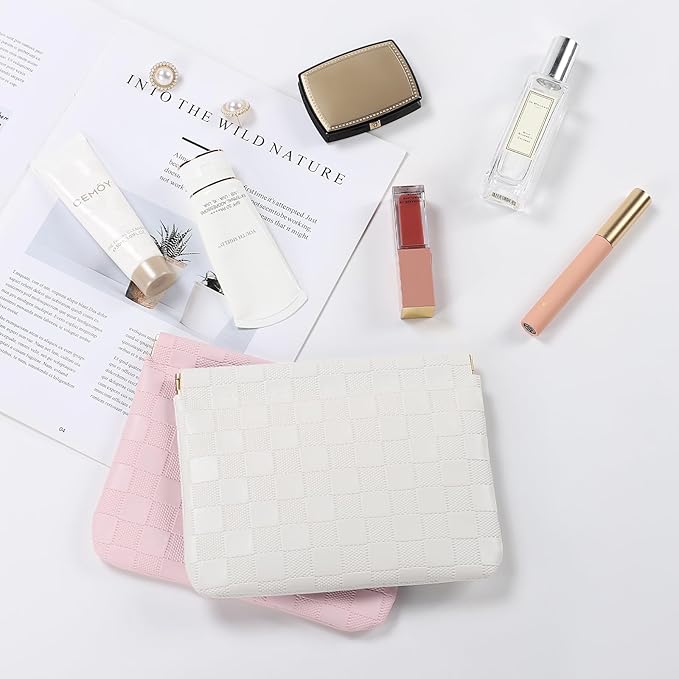 Sightor 2PCS Pocket Cosmetic Bag for Purse, Checkered Makeup Bag Portable Leather Cosmetic Bag for Women, Coin Purse Lipstick Cosmetic Accessories Organizer Travel Cosmetic Pouch (Pink, White, L)