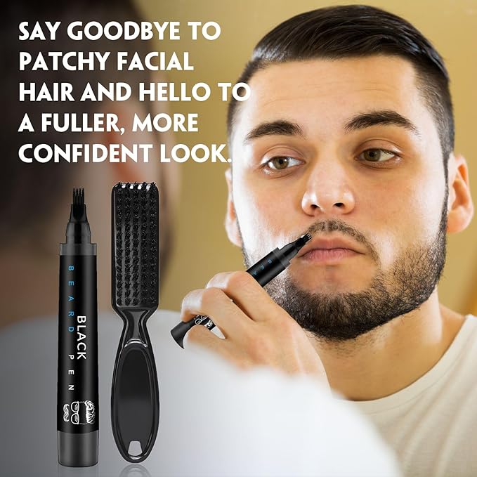 Beard Pencil Filler for Men Black - Beard Pen with Brush, Barber Pencil Smudge-proof & Water-proof Grooming Kit for Men Creating Natural Beard Color, Gifts for Men (Black)