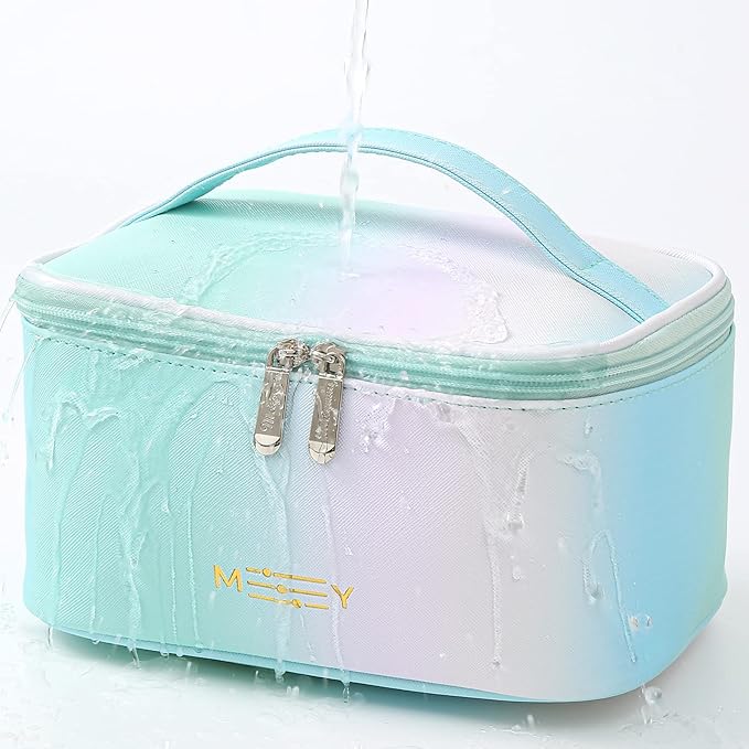 Meiyuuo Makeup Bag Large Cosmetic Bags for Women Girls Cute Travel Zipper Pouch Toiletry Organizer for Beauty Essentials Waterproof (Gradient Rainbow Green)