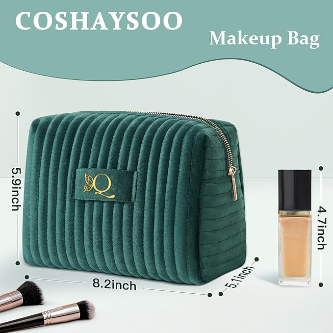 COSHAYSOO Travel Makeup Bag Quilted Make Up Pouch Initial Velvet Cosmetic Case with Butterfly Decorations for Women Cosmetics Complexion Skincare Products Tools Accessories Organizer Green Letter Q
