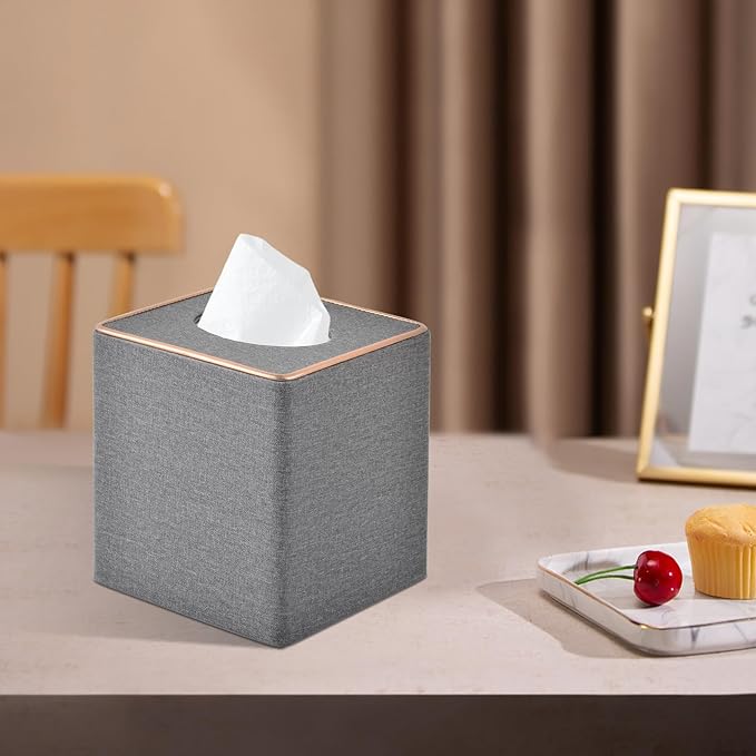Linen Square Tissue Box Holder Cube Tissue Box Cover－Rosegold Leather Recorate,Napkin Holder Case Dispenser, Tissue Holders with Magnetic Bottom for Home Office Car Hotel Restaurant,Grey
