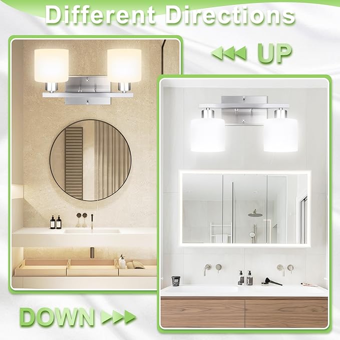 CANMEIJIA 2-Light Bathroom Vanity Light Fixtures Brushed Nickel, Morden Vanity Wall Scones Lighting for Bedroom Living Room, Vanity Lights with Milky White Glass Shades, E26 Socket, Bulbs Not Included
