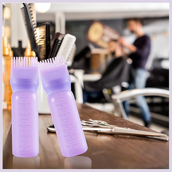 Pimoys Root Comb Applicator Bottle 6 Ounce Oil Applicator for Hair Dye, 3 Pack Hair Oiling Bottle Brush with Graduated Scale (Pink, Purple, White)