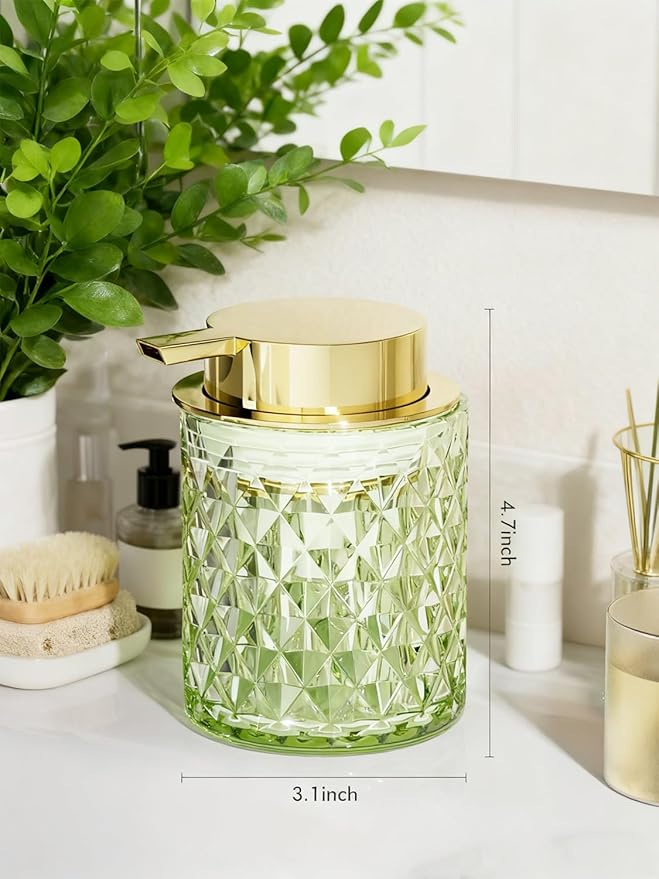 Bathroom Accessory Set, Foaming Soap Dispenser, Glass Hand Foaming Soap Dispenser, Refillable Pump Bottles for Liquid or Lotion, Crystal Decorative Handwash Dispenser for Bathroom, Kitchen,Green