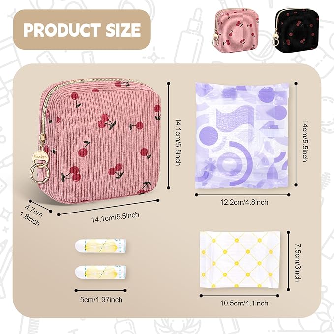 Cute Period Bag for Teen Girls, Corduroy Sanitary Napkin Storage Bag, Menstrual Pad Pouch Tampon Holder for Purse (Cherry-Beige)