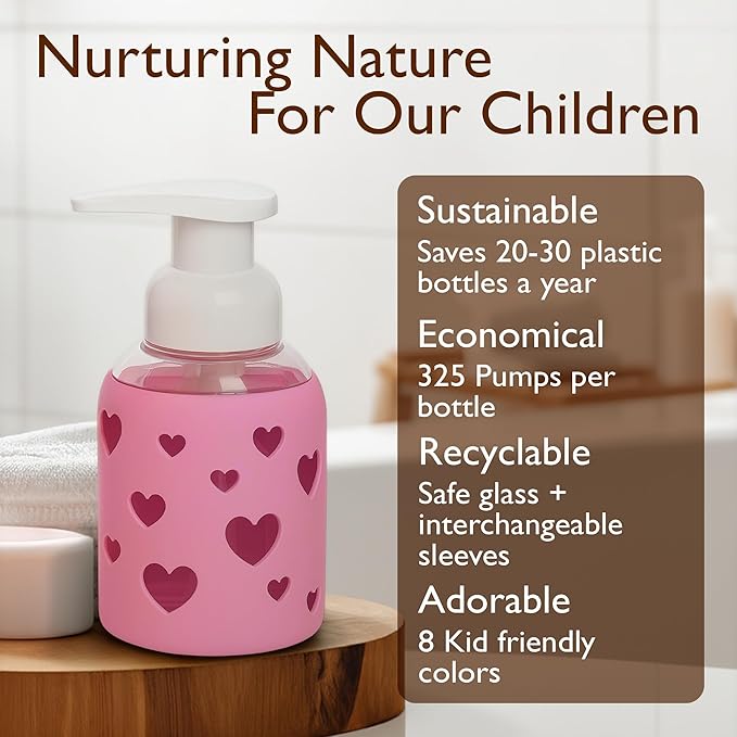 SoCal Suds & Company Foaming Hand Soap Dispenser Glass, Liquid Soap Pump with Heart Silicone Sleeve, Refillable Bottle for Kids, Baby Wash & Shampoo, Ideal for Bathroom & Kitchen Use, Bright Pink, 8oz