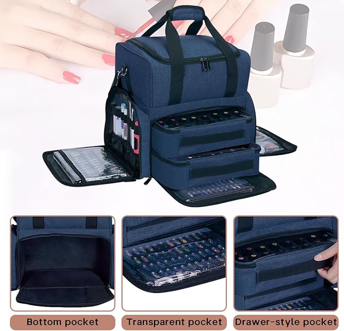 Nail Polish Organizer Case Holds 80 Bottles (15ml - 0.5 fl.oz) and a Nail Lamp,Nail Polish Case with 2 Removable Bags and Tools Storage Sections Blue