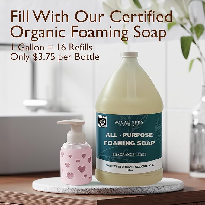 SoCal Suds & Company Foaming Hand Soap Dispenser Glass, Liquid Soap Pump with Heart Silicone Sleeve, Refillable Bottle for Kids, Baby Wash & Shampoo, Ideal for Bathroom & Kitchen Use, Soft Pink, 8oz