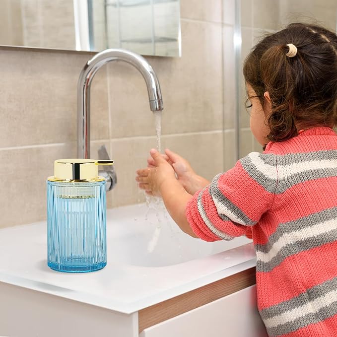 Foaming Soap Dispenser, 12 Oz Blue Glass Foam Hand Soap Dispenser, Refillable Glass Foam Pump Bottle Container Decorative Slim Ribbed Bottle for Bathroom and Kitchen