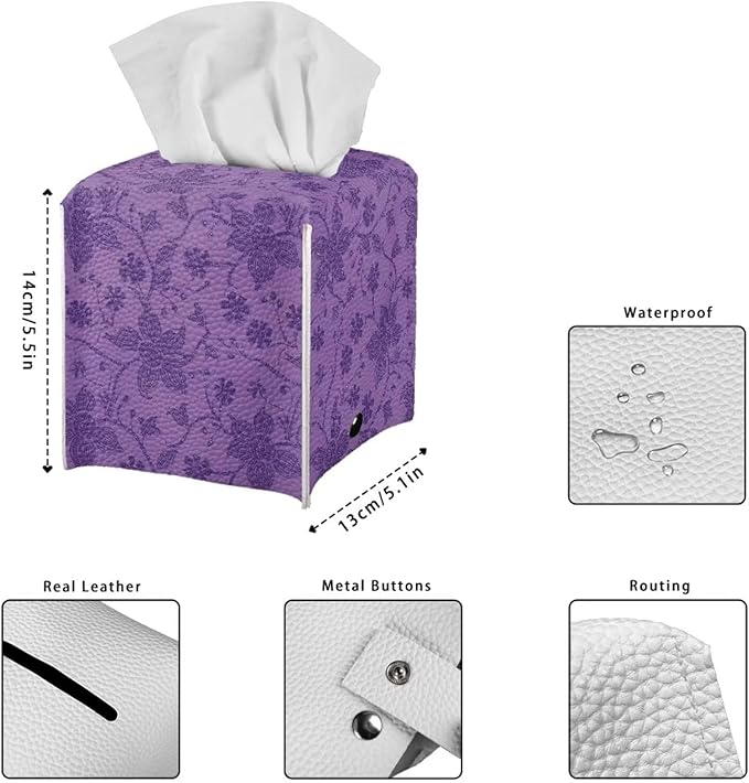 Purple Flowers Tissue Box Case PU Leather Square Modern Asthetic Tissue Box Cover with Metal Button Waterproof Napkin Organizer for Home Office Car Bathroom Decor