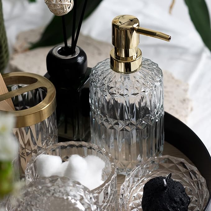 EMPO 6PCS Bathroom Clear Glass Accessories Set (Lotion Soap Dispenser, Soap Dish, Toothbrush Holder, Tumbler, Cotton Swab Jar), Contemporary Modern Decor Crystal Vintage Gift (6pcs Clear)