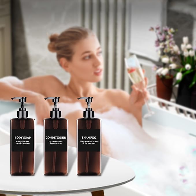 Amber Refillable Plastic Pump Bottle Set, 500ML - Waterproof Labels, Shampoo and Conditioner Dispenser for Shower (Set of 3)