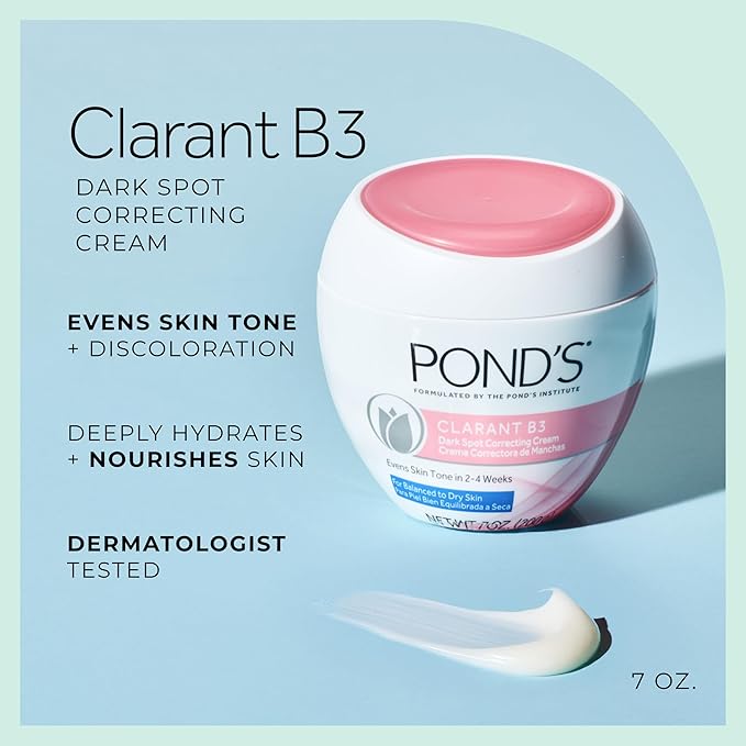 POND'S Clarant B3 Dark Spot Correcting Cream – Daily Moisturizer for Dry Skin – Moisturizing Face Cream with Vitamins B3 & C-– Dermatologist Tested,7 oz,(Pack of 4)