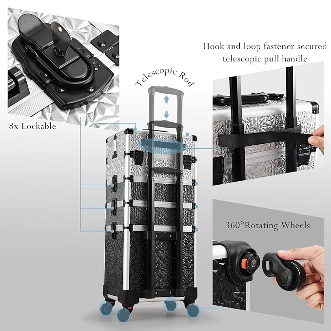 Stagiant Rolling Makeup Train Case Cosmetology Case on Wheels 4 in 1 Large Cosmetic Case with Wheels Makeup Travel Case with Keys Nail Kits Organizer Artist Salon Storage Traveling Cart Trunk Tricolor