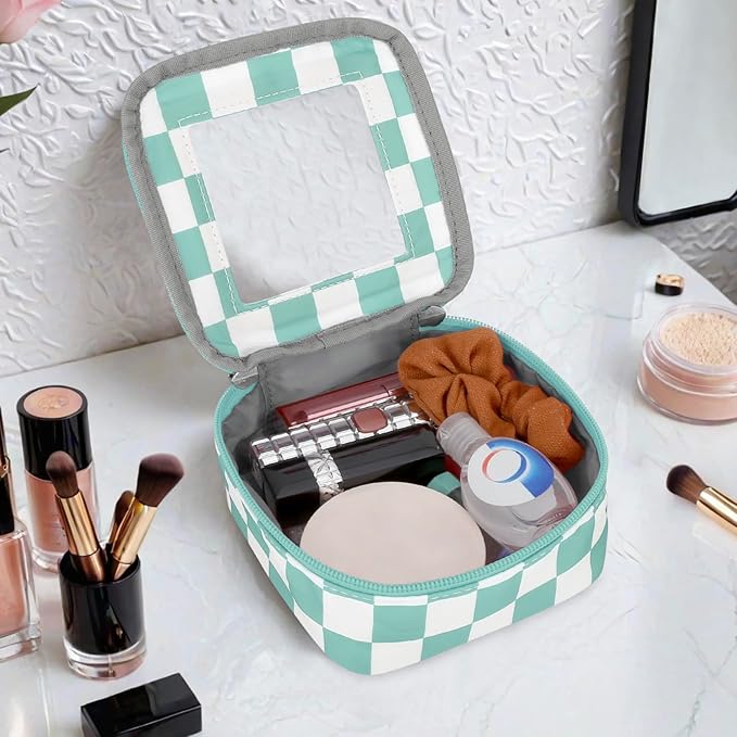 DOB SECHS Mini Checkered Bag for Purse 5.1'' x 5.1'' Small Makeup Bag for Car Cute Clear Cosmetic Bag with Zipper, Tiny Toiletry Bag Lipstick Organizer Pouch Travel Essential Storage Pouch, Mint Green