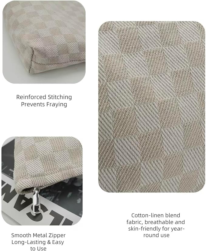 2-Pack Beige Checkered Makeup Bag Set - Large Capacity Cosmetic Organizer Pouch | Travel Toiletry Bag for Women Girls