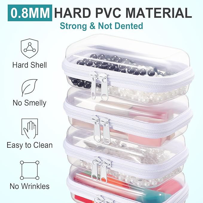 Hoolerry 4 Pcs Hard Clear Zipper Case Makeup Bags Plastic Zipper Pouch Transparent Storage Box Containers for Cosmetics, Snacks, Building Blocks, Puzzles(Clear,5 x 3 x 2 in,White)
