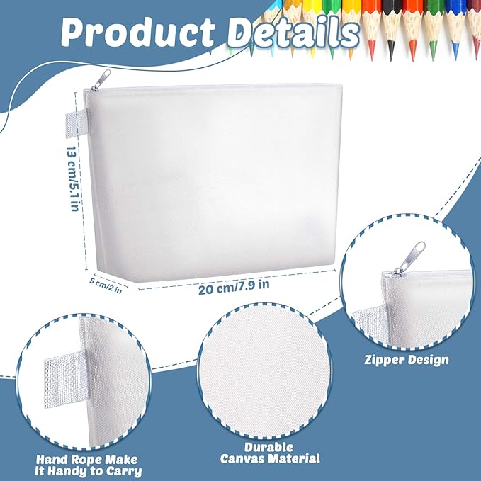 Weewooday 12 Pieces Blank Canvas Makeup Bags with Bottom Handle Bulk Sublimation Blank Zipper Makeup Pouch Canvas Cosmetic Bags for Women Student DIY Craft Travel Toiletry Pencil(White)