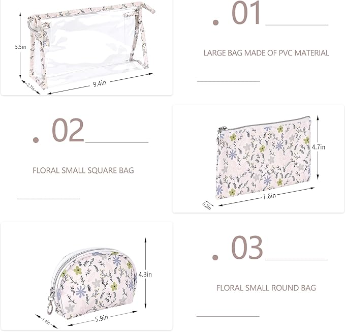 Richeart Makeup Bag, Clear Bag with Zipper, 3PC Floral Flowers Makeup Pouch, Waterproof Small Pouch, Portable Travel Toiletry Bag, D