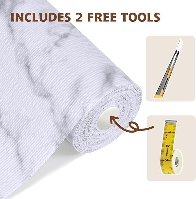 Shelf Liners for Kitchen Cabinets 17in x 20FT, Non Adhesive Drawer Liner Marble Pattern Thickened Shelf Liner Non-Slip Easy to Clean for Tool Box Refrigerator with Knife and Tape Measure