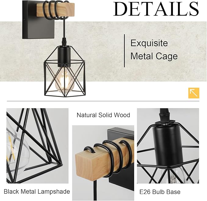Plug in Wall Sconces Set of Two, Farmhouse Wall Mount Lighting, Black Vanity Lights Fixture for Bathroom with Metal Cage Shade, Wood Rustic Wall Lamp for Hallway, Living Room, Mirror, Bedroom
