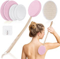 URAQT Lotion Applicator Set - 7 Piece Body Brush with Long Handle, 2 in 1 Back Scrubber for Self Application, Hook Included