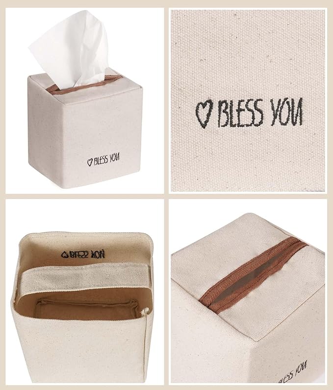 Livelab Tissue Box Cover Square, Chic Canvas Tissue Box Holder with Embroidery Text Decor, Stylish Tissue Case Facial Paper Cube Cover for Your Home, Officce and Bathroom | Ivory