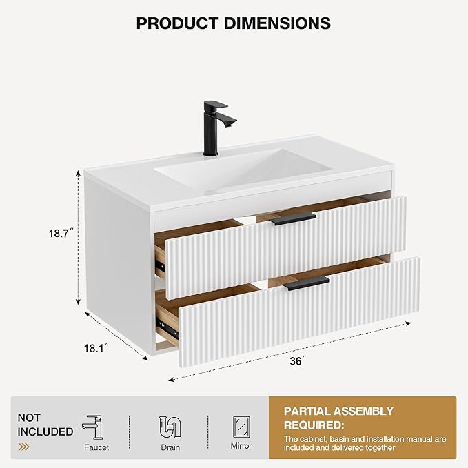 36 Inches Modern MDF Bathroom Vanity with Sink, Wall Mounted Floating Cabinets w/Double Drawers, Black Handles, White Resin Sink Combo Set (White, 36")