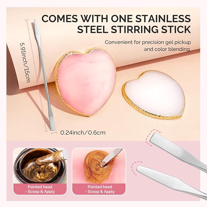 MelodySusie 2PCS Heart Shape Resin Nail Art Palette Set with Stainless Steel Mixing Stick, Professional Color Mixing Board for Gel Polish, Acrylics, Pigment Blending, Salon and DIY Makeup Tool