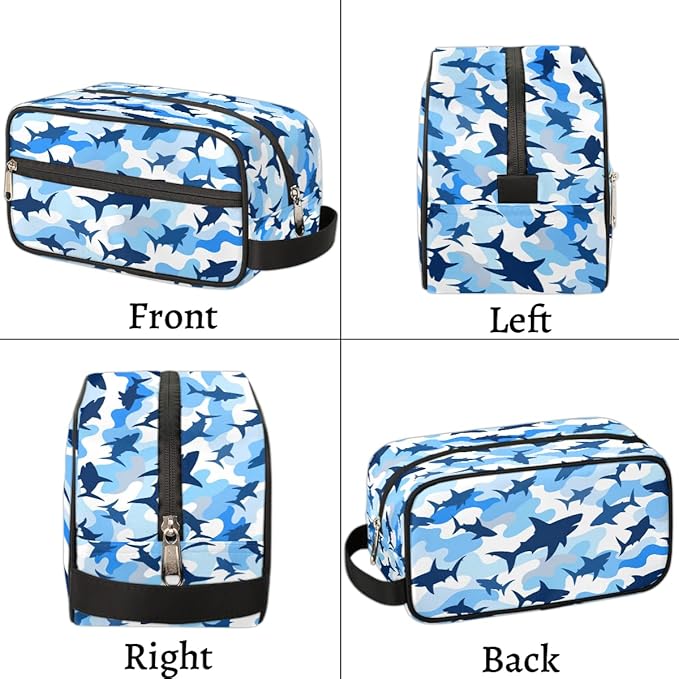 Shark Blue Camo Kids Toiletry Bag for Boys Girls, Cosmetic Makeup Bag with Handle, Travel Shaving Kit Organizer, Waterproof Portable Wash Bag for Gym Vacation Camping Sports