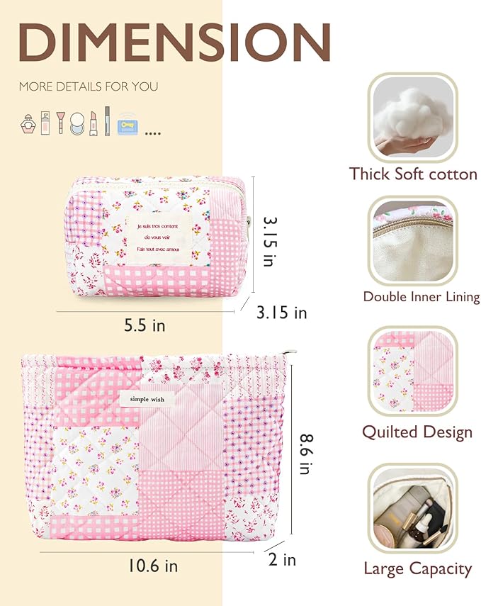 2 Pieces Floral Makeup Bag, Cute Travel Quilted Cotton Small Cosmetic Bag Organizer, Coquette Aesthetic Preppy Pouch Purse Toiletry Bag for Women Girls accessories