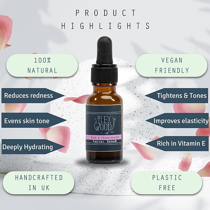 The Ilex Wood - Rose and Frankincense Face Serum - 100% Natural, Vegan, Moisturising, Anti Ageing, Wrinkle & Line Reducing, Cruelty Free, Plastic Free, Handcrafted - 20ml (0.68 fl oz)