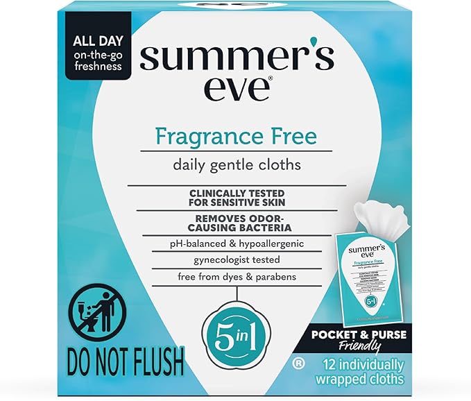 Summer's Eve Feminine Wipes, Fragrance Free, Individually Wrapped Vaginal Wipes with Gentle pH-Balanced Micellar Water Formula, Feminine Care to Help Remove Vaginal Odor, Gynecologist Tested, 12 Ct