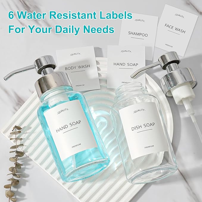 Foaming Soap Dispenser, 14.1 oz/400ml Foaming Hand Soap Dispenser, 2 Pack Glass Foaming Dispenser for Bathroom & Kitchen, Clear Refillable Liquid Dispenser Bottle with Waterproof Labels