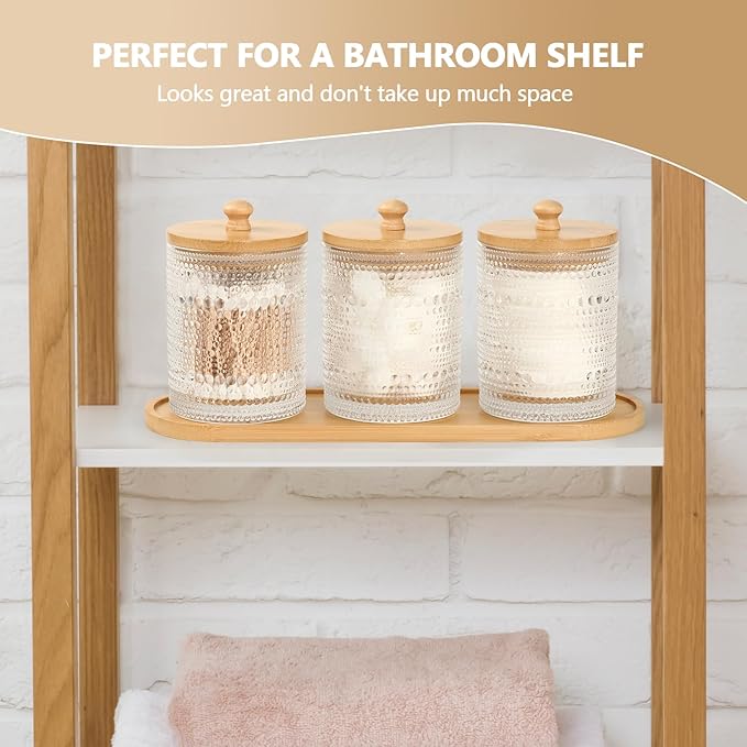 3 Pack Qtip Holder - Bathroom Organizers and Storage, Cotton Round Pad Holder Floss Pick Cotton Ball Holder with Tray, Glass Apothecary Jars with Lids, -clear y D
