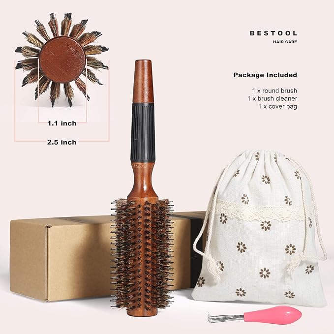 BESTOOL Round Brush for Drying, Boar Bristle Hair Brush, Large Round Style Brush for Women and Men, Smoothing, Curling, Adding Shine (2.5 Inch)