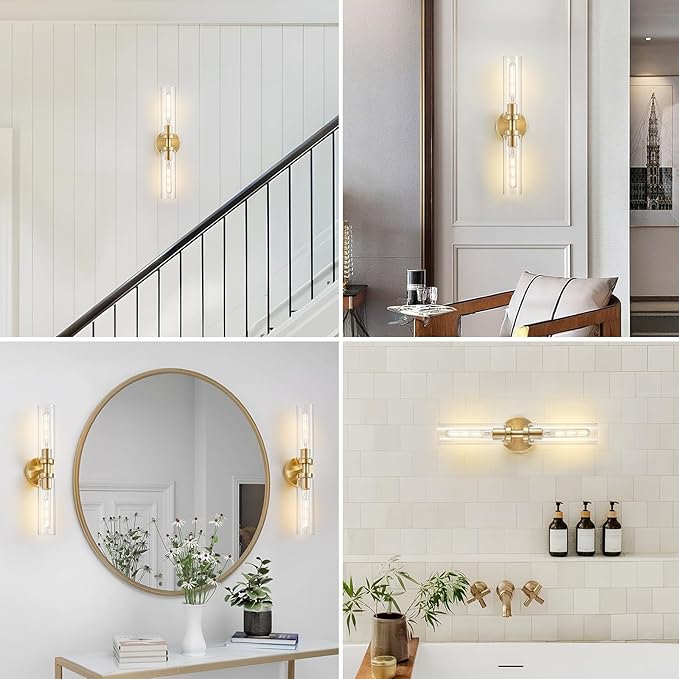 2-Light Brushed Brass Gold Bathroom Light Fixtures Over Mirror Modern Vanity Light Wall Lighting with Clear Glass Shade for Bathroom, Bedroom, Hallway, Cabinet