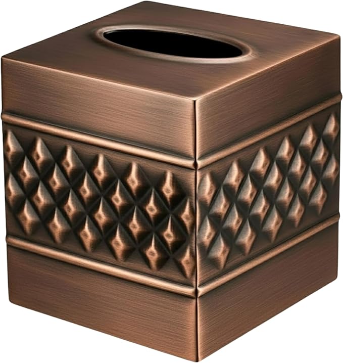 Monarch Abode Tissue Box Cover Square – Handcrafted Geo Embossed Antique Copper Finish Metal Tissue Holder Box for Bathroom Accessory, Aesthetic Decorative Facial Napkin Cube for Modern Home Décor