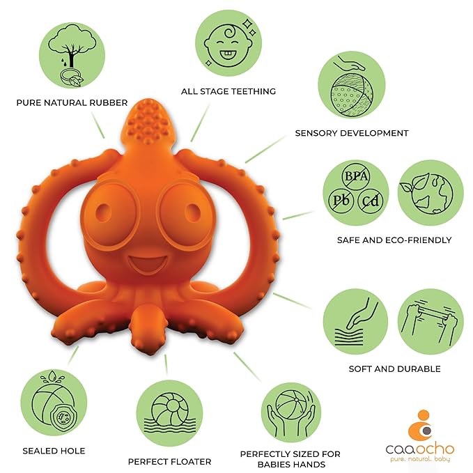 CaaOcho Pure Natural Rubber Teething Gum Massager Baby Toy & Bath Toy - Squid Teether for Babies, Sealed Hole, BPA Free Baby Toy, Hole Free Molar Teether Toy, All Natural Bath Toy