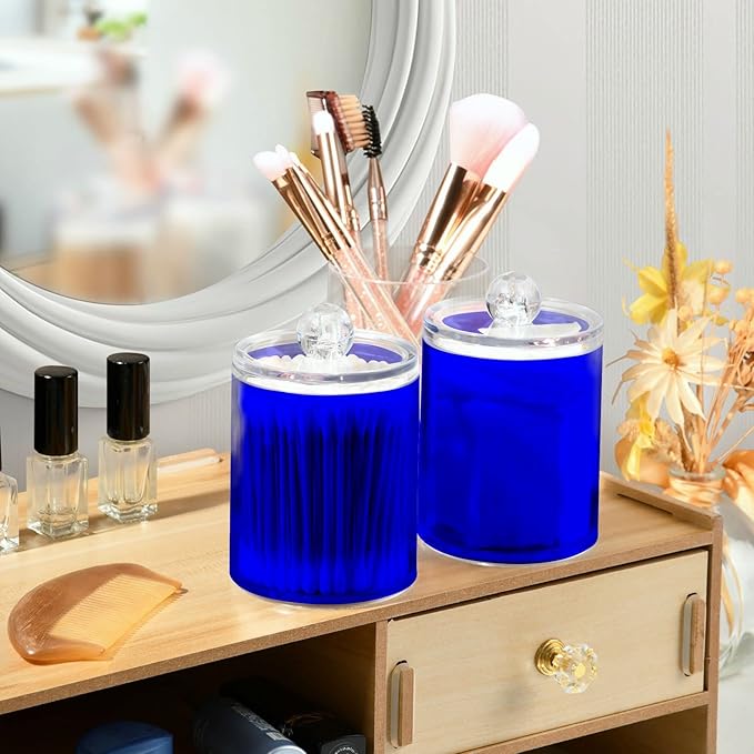 Blue Qtip Holder Organizer Dispenser Cotton Swabs Cans Plastic Jars with Lid Set 4 Pack Bathroom Storage Canister for Cotton Ball Floss Cotton Pads