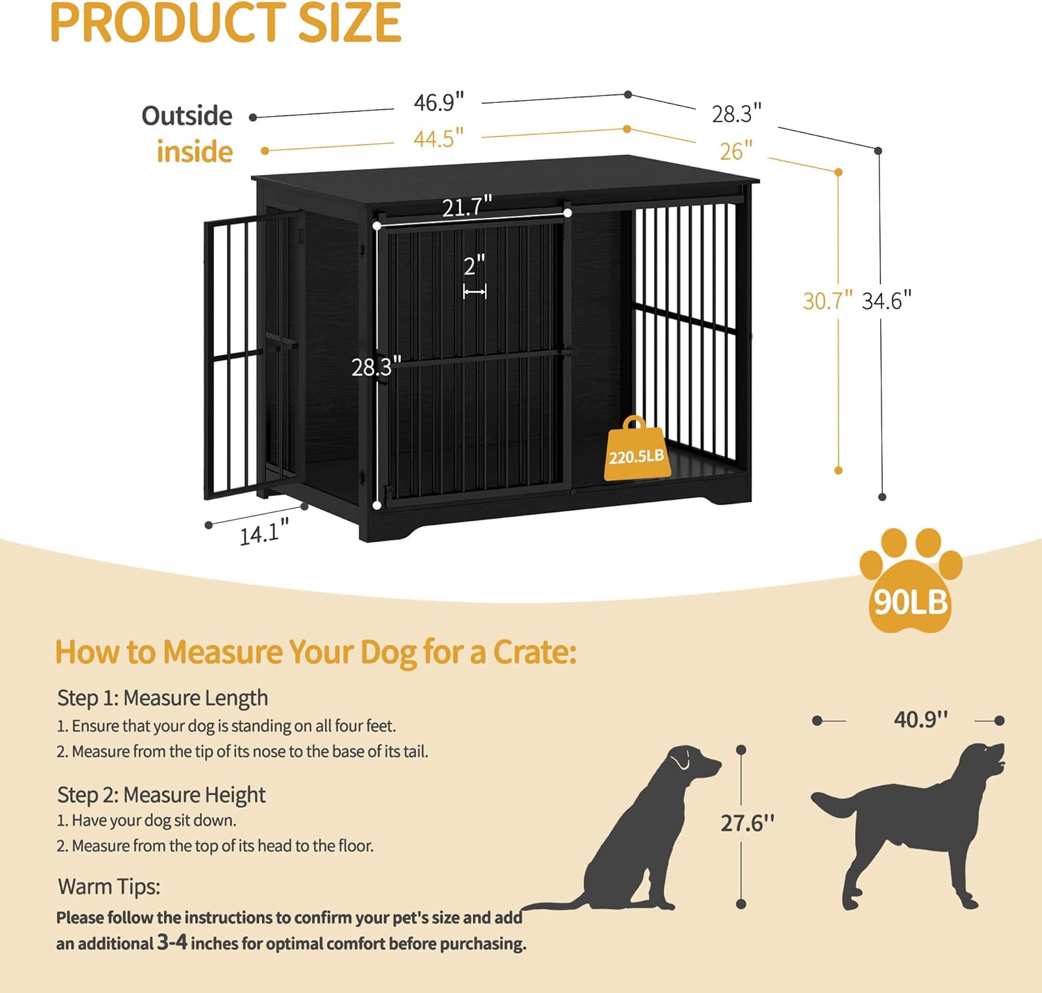 XXL Large Dog Crate Furniture, 46.9" Indoor Dog Kennel Furniture with Barn Door, Wooden Tall Dog Crate, Heavy Duty Dog Cage for Large Dogs, Side End Table, Anti-Chew, Black DFC83804B