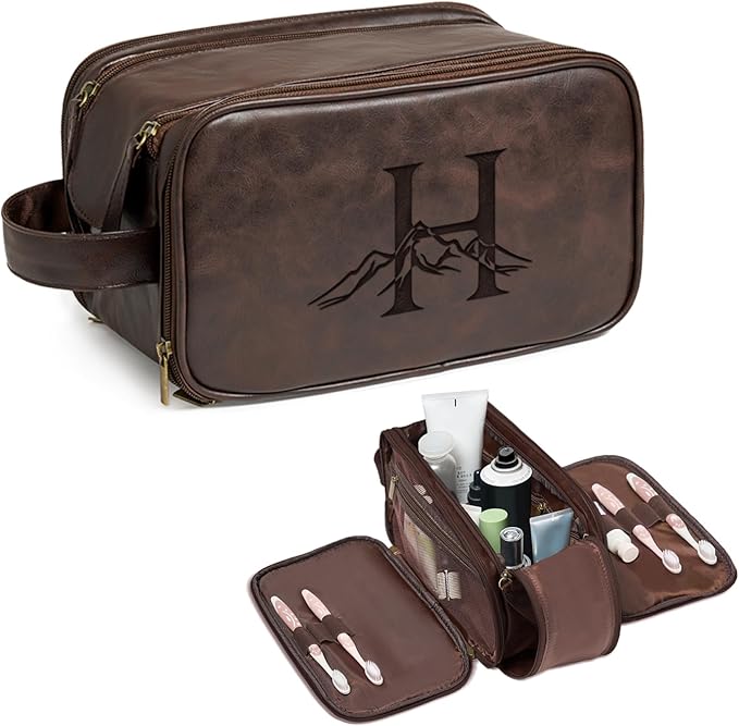 Janhavi Large Leather Toiletry Bag for Men, Gifts for Dad, Engraved Initials & Mountain, Waterproof Travel Bag, Groomsmen Gifts, Mens Toiletry Travel Bag, Men's Accessories Organizer (Dark Brown H)