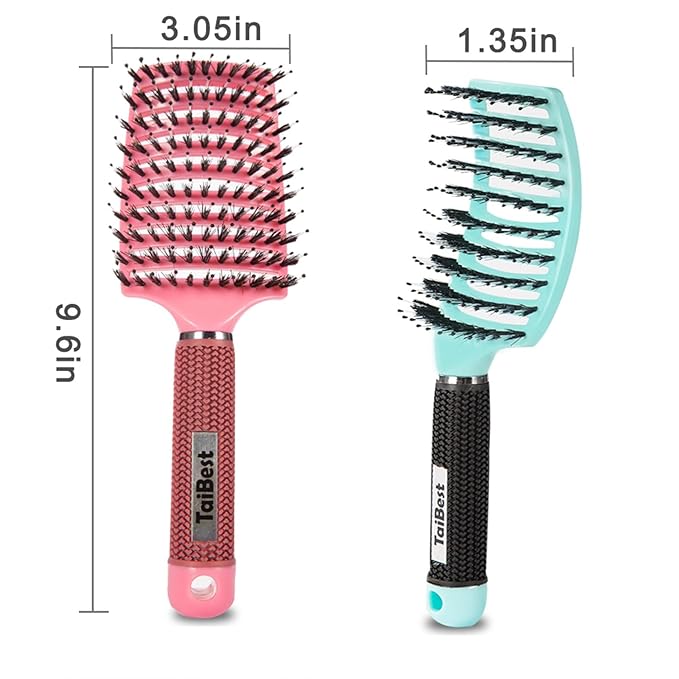Boar Bristle Hair Brush Set - Dry/Wet Hair Brush Detangler for Fine, Thick, Curly Hair - Curved and Vented Brush for Women, Men or Kids (Green & Apricot Pink)