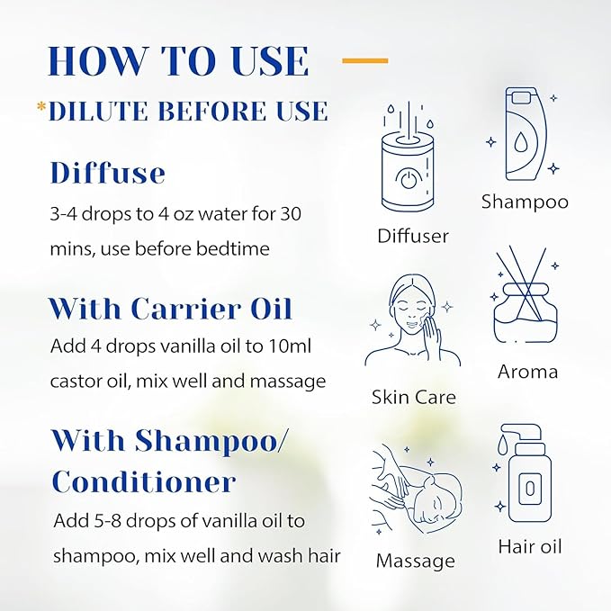 HIQILI 1 Fl Oz Vanilla Essential Oil, Undiluted Natural Strong Fragrance Add in Skin Perfume, Unscented Lotion, Candle Soap Making Scent, Relax at Home with Diffuse Warm Sweet Aroma