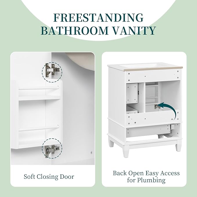 24" Bathroom Vanity with Sink, Harper & Bright Designs Free Standing Single Vanity Set with 3 Drawers and One Door with Storage Racks, Solid Wood Storage Cabinet with Ceramic Basin for Bathroom, White