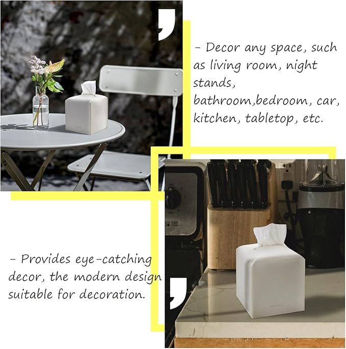 Tissue Box Cover 5X5X5'' PU Leather Tissue Holder Square Tissue Cube Box Organizer for Bathroom Vanity Countertop, Car, Night Stands, Office, Home, Kitchen (2Pack, White)