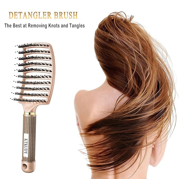 KTKUDY Detangling Brush Getting Knots Out without Pain - Boar & Nylon Bristles Hairbrush Make Hair Shiny & Healthier Vented Detangler Brush for Women Men Kids Wet and Dry Hair (Gold)